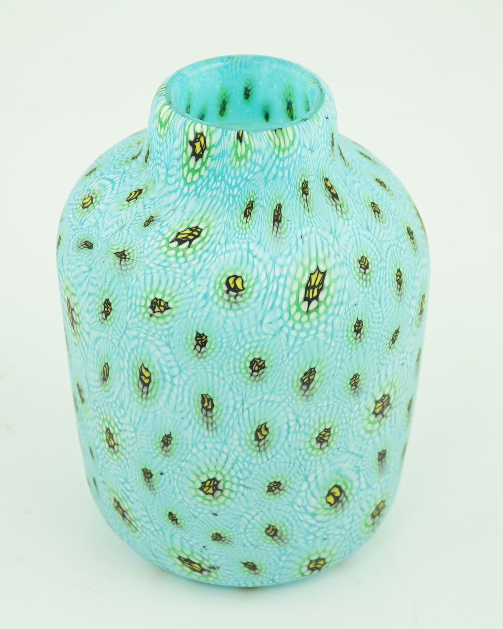 Vittorio Ferro (1932-2012) A Murano glass Murrine vase, with a yellow and green peacock feather ‘’eyes’’, design, on a turquoise ground, unsigned, 17.5cm, Please note this lot attracts an additional import tax of 20% on